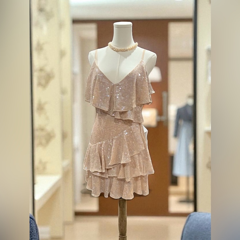 Mc Duggal cocktail dress, champagne color/light rose pink with sequins